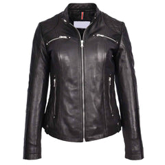 Women’s Black Leather Cafe Racer Jacket – Fitted Quilted Biker Style with Zip Closure