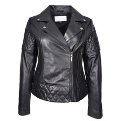Women’s Real Leather Biker Jacket Black – Nixi Multi Cross Zip Quilted