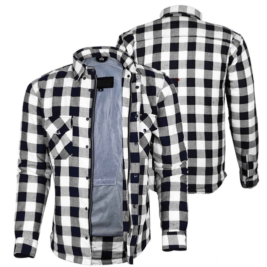 Exo Kevlar® Lined Motorcycle Flannel Shirt White/Black – Protective Riding Shirt with CE Armor Pockets