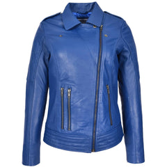 Women’s Genuine Leather Cross Zip Biker Jacket – Pam Blue Moto Design