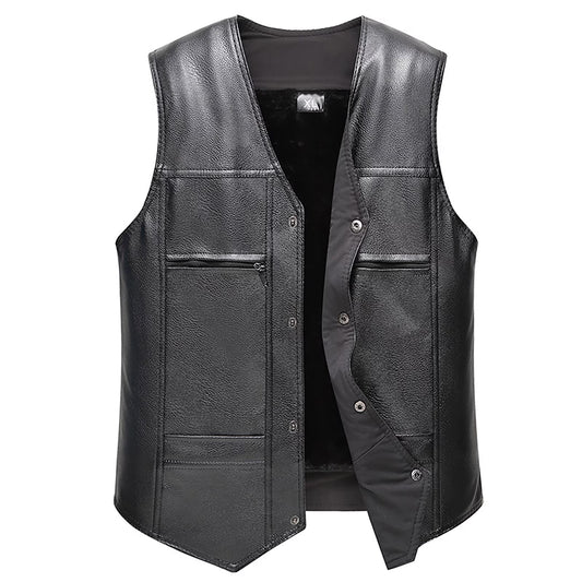 Leather Motorcycle Vest Men's Fleece Sherpa Lined V-Neck Waistcoat Punk Shoulder Button Down Sleeveless Leather Vest
