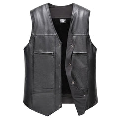 Leather Motorcycle Vest Men's Fleece Sherpa Lined V-Neck Waistcoat Punk Shoulder Button Down Sleeveless Leather Vest