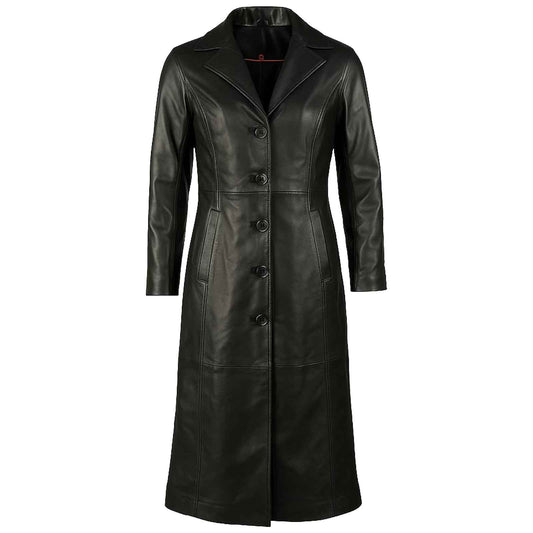 Women’s Long Black Leather Trench Coat – Genuine Sheepskin Leather Overcoat with Button Closure