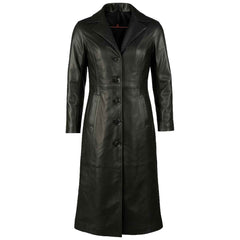 Women’s Long Black Leather Trench Coat – Genuine Sheepskin Leather Overcoat with Button Closure