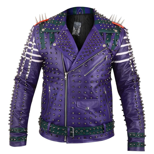 Men's Purple Spiked Leather Jacket | Studded Biker Coat for Punk & Gothic Style