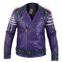 Men's Purple Spiked Leather Jacket | Studded Biker Coat for Punk & Gothic Style