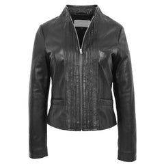 Women’s Black Leather Casual Jacket with Standing Collar – Regals Leather