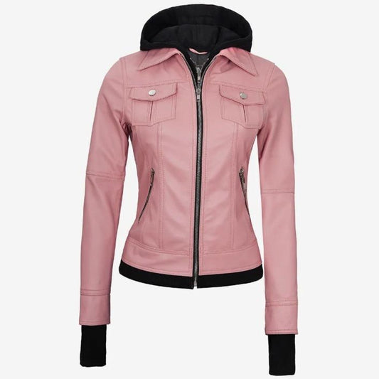 Pink Lambskin Leather Biker Jacket: Removable Hood, Moto Style Women Leather Jacket