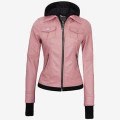 Pink Lambskin Leather Biker Jacket: Removable Hood, Moto Style Women Leather Jacket