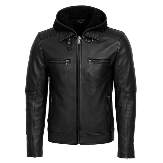 Casual Biker Men’s Hooded Genuine Leather Jacket Black Color