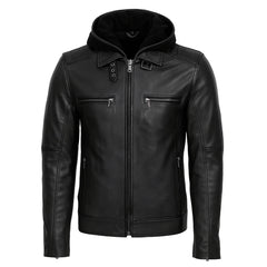 Casual Biker Men’s Hooded Genuine Leather Jacket Black Color