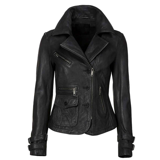 Women’s Black Leather Jacket – Genuine Sheepskin Motorcycle Jacket for Ladies