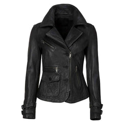 Women’s Black Leather Jacket – Genuine Sheepskin Motorcycle Jacket for Ladies