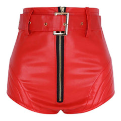 Women High Waist Red Leather Shorts with Belt
