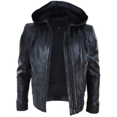 Fashion Men's Hooded Bomber Leather Jacket Inner Soft Lining
