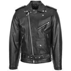 Men's Biker Brando Leather Jacket with Fringes Wayne Black