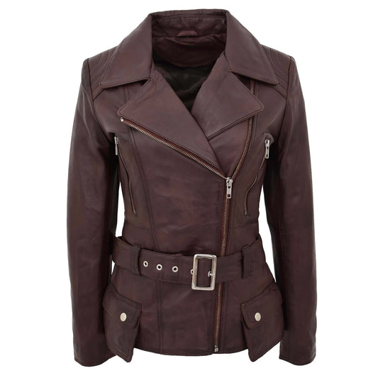 Celia Brown Women’s Leather Motorcycle Jacket – Classic Hip Length Design