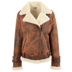 Women's Vintage Brown Sheepskin Aviator Jacket – Lena Cross Zip Pilot Style