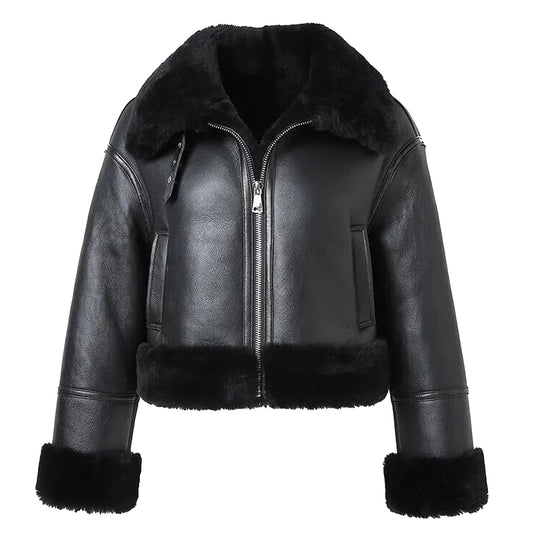 Women's B3 Bomber Jacket – Black Shearling Aviator Coat in Real Sheepskin Leather