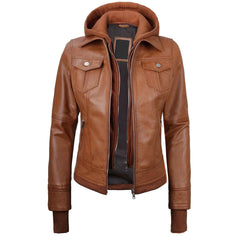 Regals Leather Tralee Women's Tan Brown Wax Bomber Leather Jacket With Removable Hood