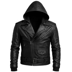 Men's Black Cowhide Leather Biker Jacket Hooded Motorcycle Riding Coat