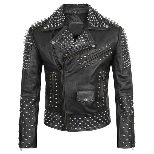 Men’s Studded Leather Jacket – Rock Punk Brando Motorcycle Black Biker Spiked Jacket