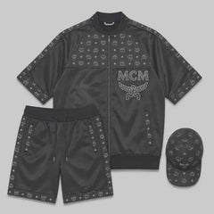 MCM Men’s Black Monogram Leather Tracksuit Set | Zip Jacket, Shorts & Cap | Summer Outfit