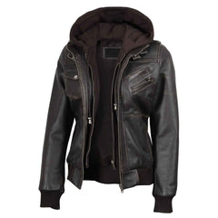 Dark Brown Rub Off Leather Jacket for Women with Removable Hood – Premium Casual Wear