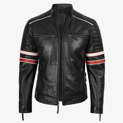 Biker Casual Fit Men’s Black Cafe Racer Leather Jacket with Dual Stripes