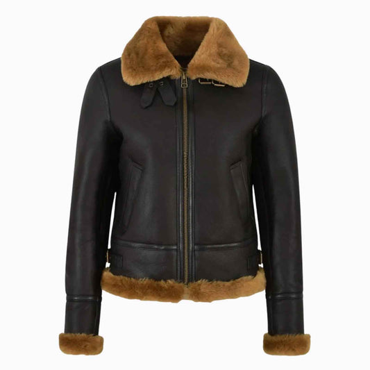 Women’s B3 RAF Bomber Jacket – Brown Aviator Flying Shearling Fur Real Leather Coat