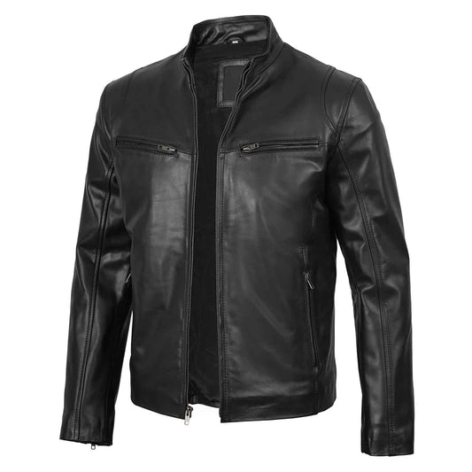 Regals Leather Men's Black Cafe Racer Real Leather Jacket