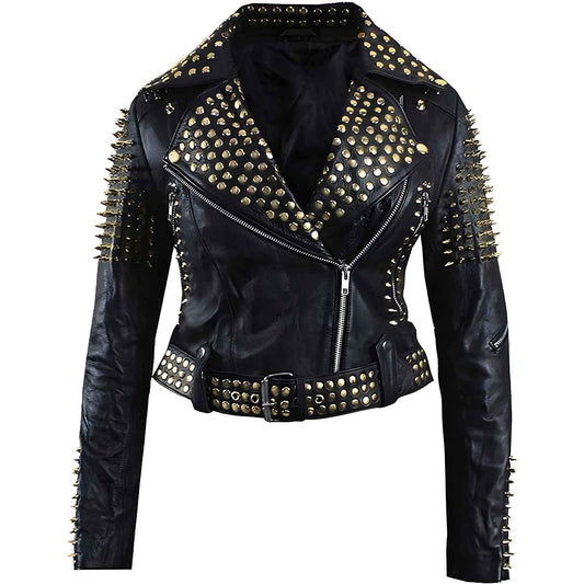 Women’s Studded Leather Jacket | Brando Rocker Spikes Biker Outerwear