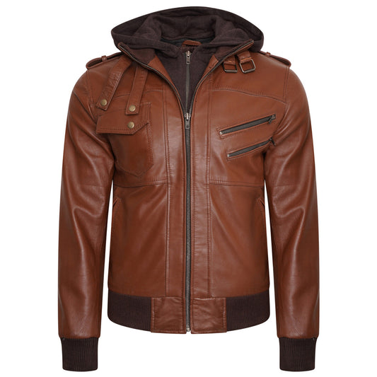 Hooded Brown Bomber Leather Jacket Wing-Hooded-Jacket For Men's