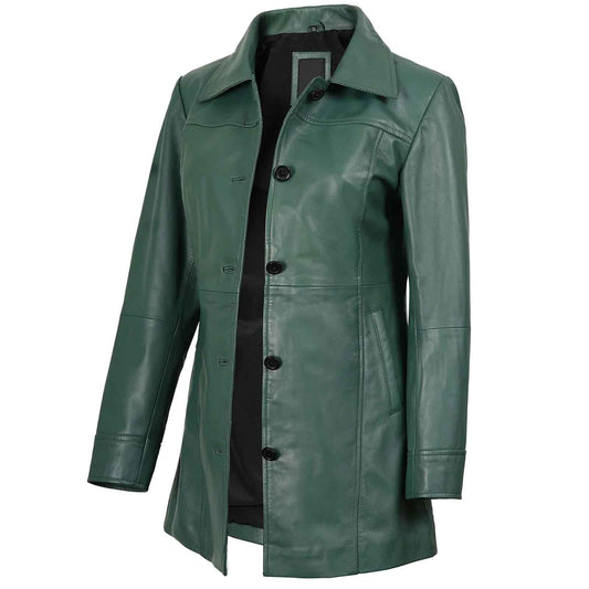 Regals Leather Genuine Women's Green Real Leather Car Coat