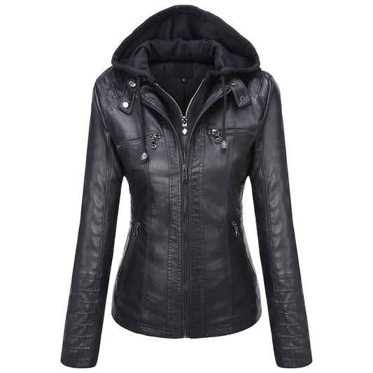 Tanming Women’s Faux Leather Jacket with Removable Hood – Stylish PU Moto Biker Coat for Fall & Winter