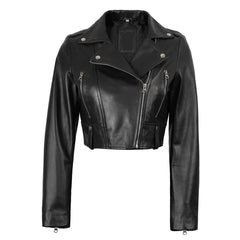 Genuine Lambskin Colleen Women’s Cropped Black Biker Style Leather Jacket