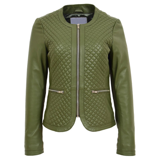 Women’s Olive Green Leather Jacket – Joan Collarless Quilted Design in Soft Nappa