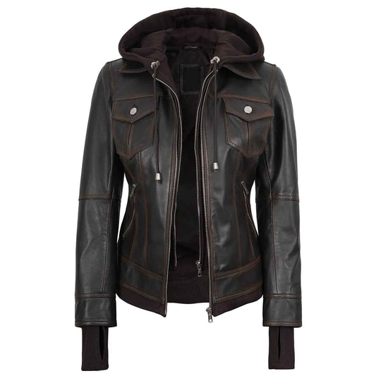 Tralee Women’s Dark Brown Leather Bomber Jacket – Removable Hood | Regals Leather