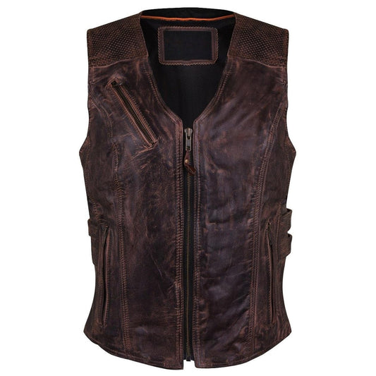 Women's Black Premium Cowhide Biker Motorcycle Leather Vest with Cowgirl Western Leather Outwear, Adjustable Side Buckles
