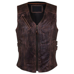 Women's Black Premium Cowhide Biker Motorcycle Leather Vest with Cowgirl Western Leather Outwear, Adjustable Side Buckles