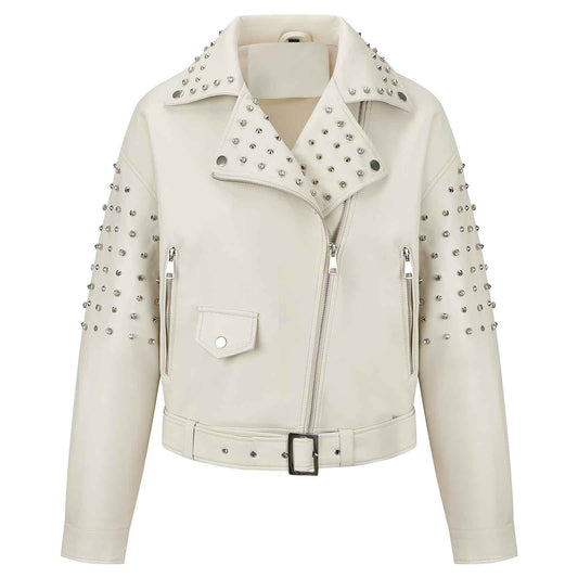 Women’s Faux Leather Studded Rivet Jacket – Short Moto Biker Coat with Stand Collar