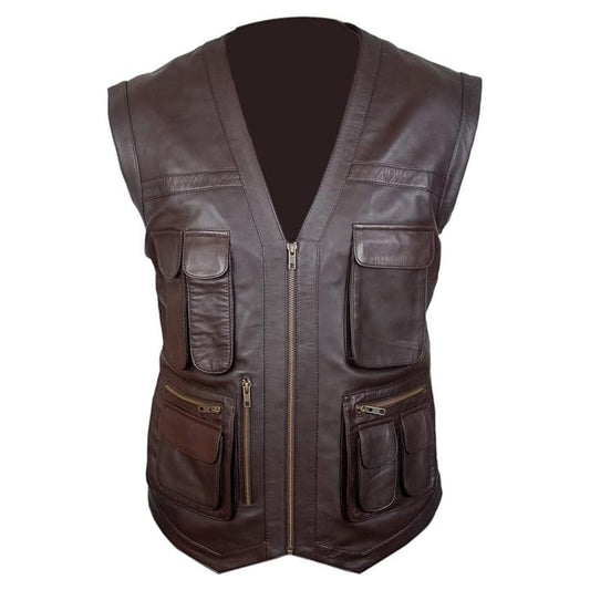 Men's Leather Motorcycle Vest - Brown Sleeveless V-Neck Biker Leather Waistcoats for Men