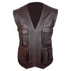 Men's Leather Motorcycle Vest - Brown Sleeveless V-Neck Biker Leather Waistcoats for Men