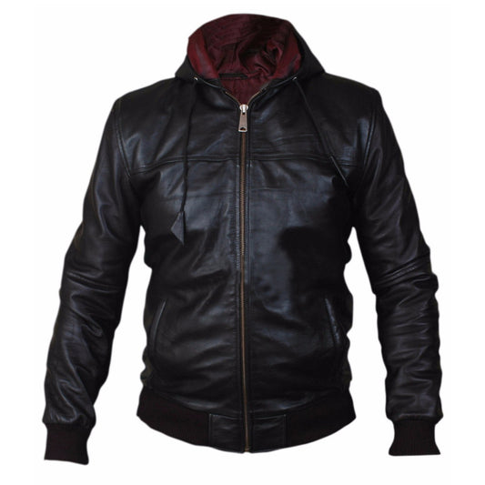 Men's Leather Casual Biker Bomber Hooded Leather Jacket Fit Style