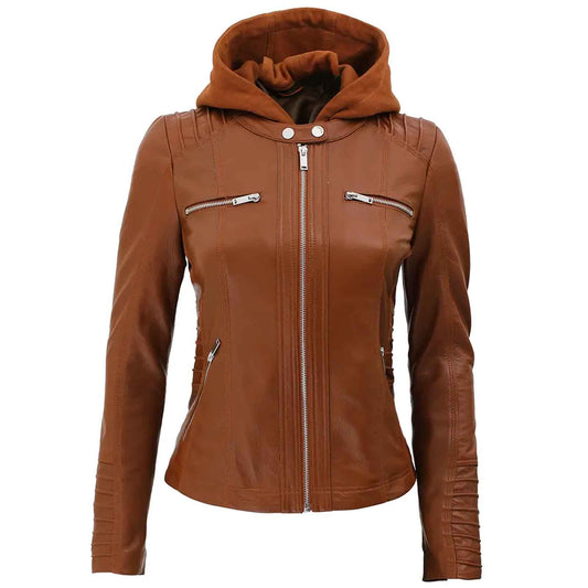 Women’s Hooded Brown Leather Bomber Jacket – Classic PU Faux Leather Moto Coat for All Seasons