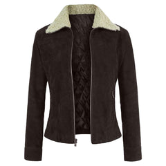 Women's Suede Leather Jacket with Sherpa Collar – Warm Winter Biker Coat by Regals Leather