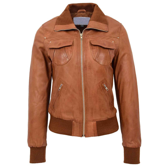 Women's Leather Classic Bomber Jacket – Motto Tan Genuine Leather Coat