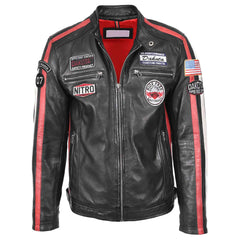 Men’s Black Leather Biker Jacket with Motorsport Logos – Bobby Racer Jacket