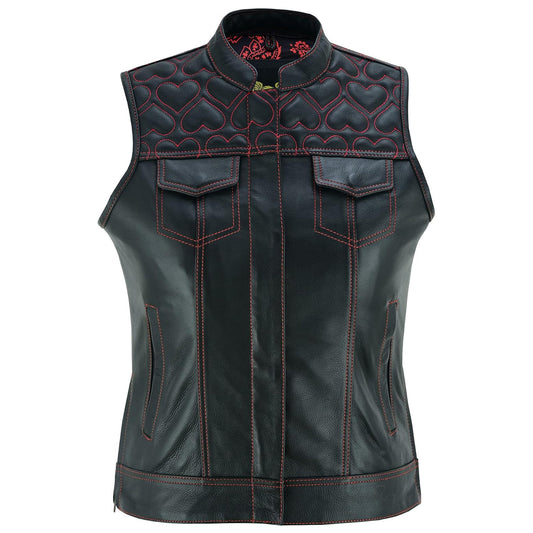 Best Quality Women's Cowhide Leather Vests – with Side Zippers & Paisley Lining Red Heart Stitching Women's Leather Vests