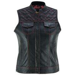 Best Quality Women's Cowhide Leather Vests – with Side Zippers & Paisley Lining Red Heart Stitching Women's Leather Vests
